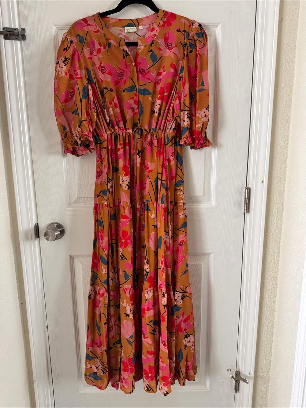 Spartina 449 Maggie Floral Tiered Midi Dress in Mustard & Pink cottagecore